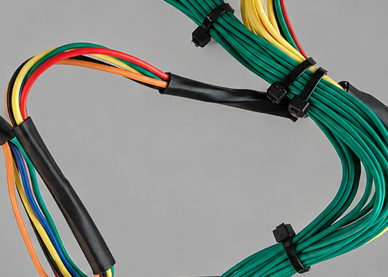 Exterior harness detail showing protective sleeving and bundled branches; connector ends are outside the crop.